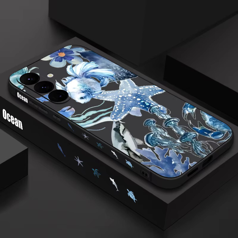 MOESOE Handyhülle mit Seestern- und Quallen-Design für Samsung Galaxy S25 S24 Ultra Plus FE A56 A36 A17 A16 A55 A54 A15 5G S23 S22 in Blau und Grau aus TPU - Bild 2