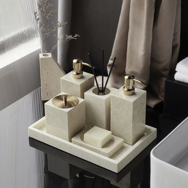 Crema Nuova Badezimmer-Set aus natürlichem Marmor in Beige mit Seifenschale, Seifenspender und Tablett - Bild 1