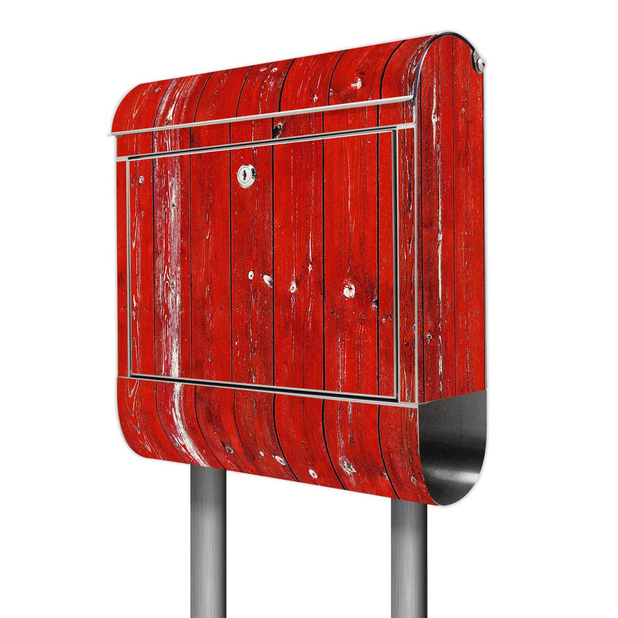 banjado Briefkasten aus Edelstahl mit Standfuß und Zeitungsfach in Rot mit Holz-Motiv, B/T/H: 38 x 14 x 161,5 cm - Bild 1