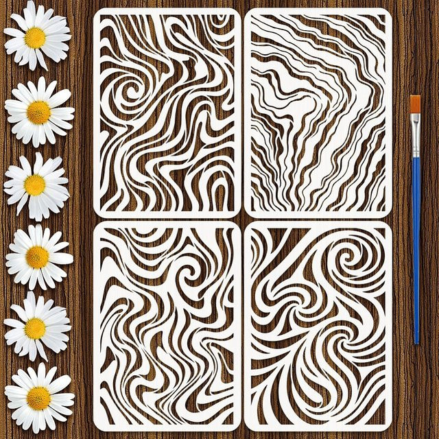 4 Stück PET-Schablonen für DIY-Scrapbook und Marmorierung, 4 verschiedene Stile, B: 29,7 cm, H: 21,0 cm - Bild 1