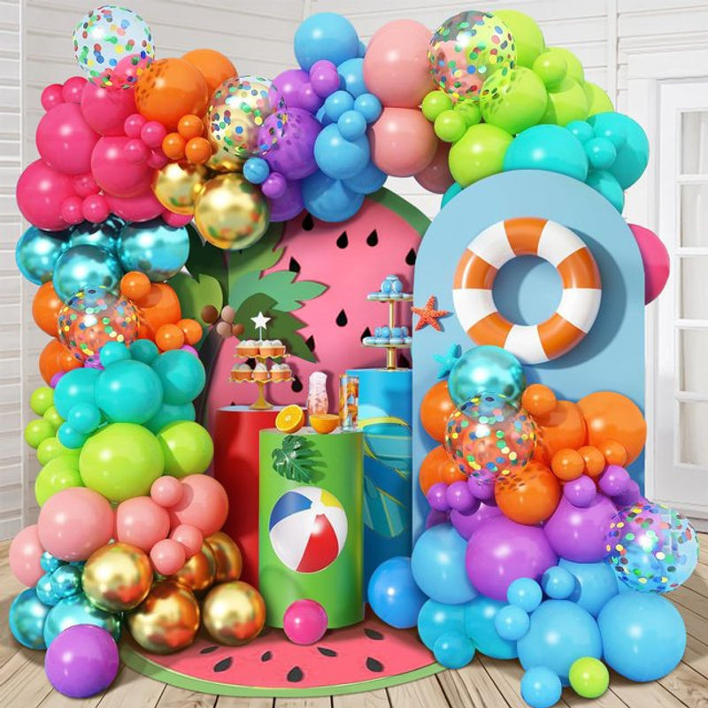 132-teiliges Pool-Party-Ballonbogen-Set mit bunten Pailletten in Rosa, Lila, Orange, Blau und Grün - Bild 1