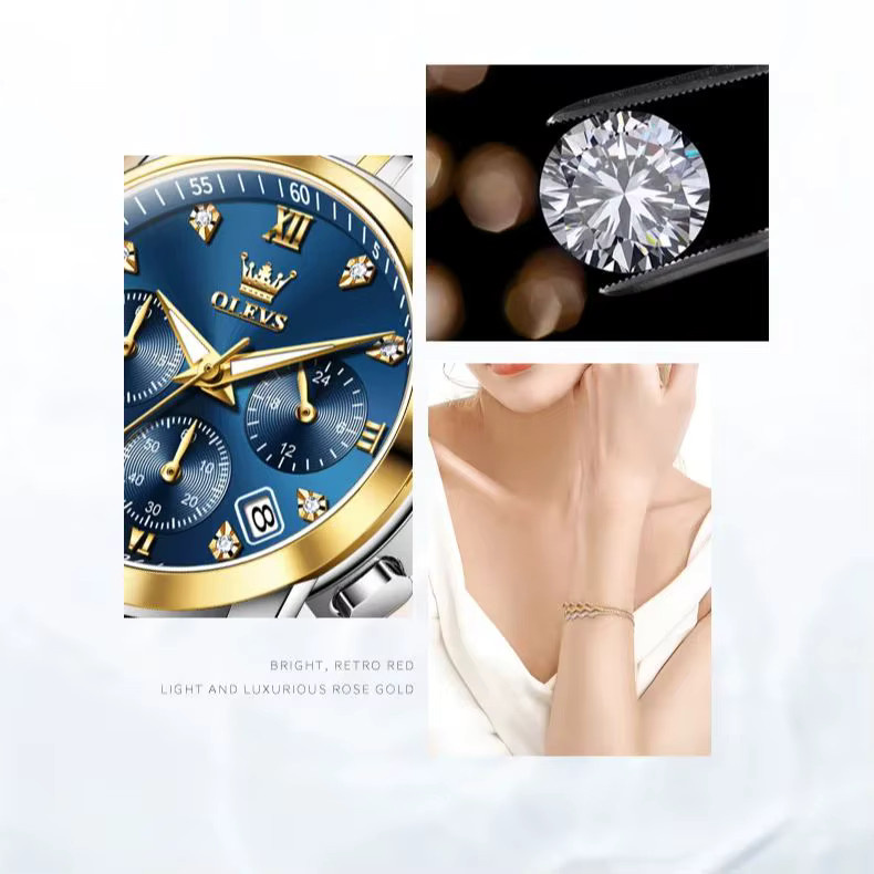 OLEVS Armbanduhr, Chronograph, Quarz, Gold, Edelstahl, Diamantbesetzt, Damen - Bild 3
