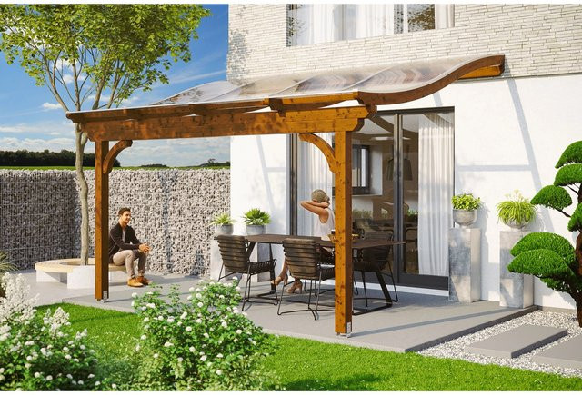 Skan Holz Terrassenüberdachung Verona aus Leimholz in Nussbaum Braun B/T/H: 434 x 239 cm mit Polycarbonat Dach - Bild 1