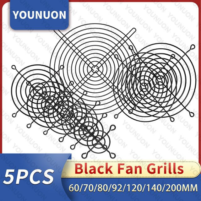 YOUNUON Metall Mesh Lüftergrill Set für Computergehäuse in Schwarz, 5 Stück mit den Größen 60mm, 80mm, 90mm, 92mm, 120mm und 140mm - Bild 1