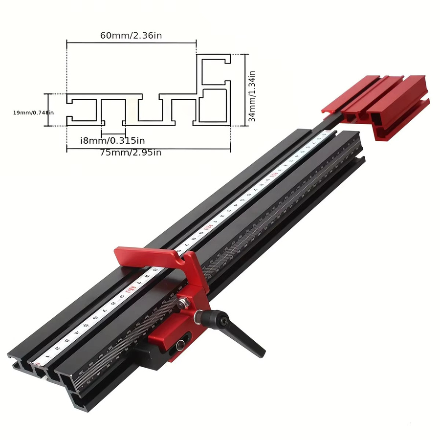 Präzisions-Gehrungslehre aus Aluminium für Tischkreissägen mit Teleskopfunktion, Breite: 50 bis 87 cm, Farbe: Rot - Bild 2