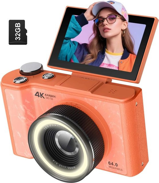W&O 4K Vlogging-Kamera mit 180 Grad Klappbildschirm, Ringlicht und Beauty-Modus in Schwarz inklusive 32G SD-Karte - Bild 1
