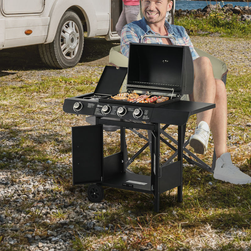 Outsunny Gasgrill BBQ Grillwagen mit 3 Brennern und 1 Seitenbrenner in Schwarz aus Edelstahl und Stahl, B/T/H: 110 x 50 x 100 cm - Bild 2