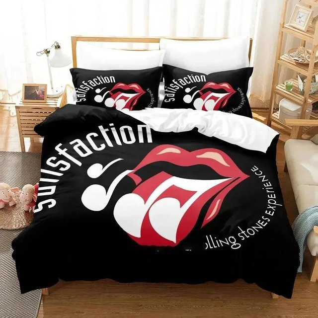 Rolling Stones Logo Bettwäsche-Set von Lodestar in Schwarz, 3-teilig mit Bettbezug und Kissenbezug, B/H: 200 x 200 cm - Bild 1