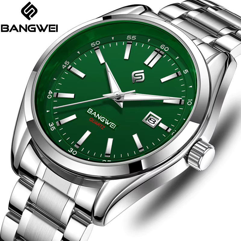 BANGWEI Armbanduhr Quarz, Edelstahl, Silber, Grün, Herren - Bild 5