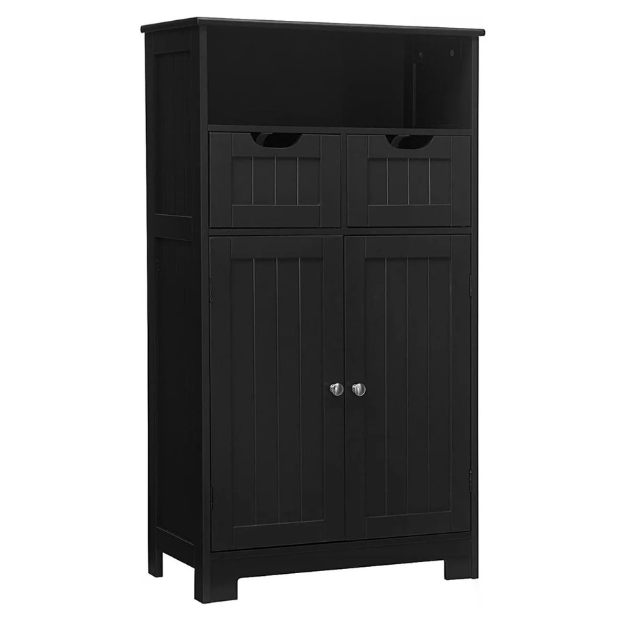 Costway Badezimmerschrank in Schwarz mit 2 Schubladen und offenen Regalfächern, modern und matt - Bild 2
