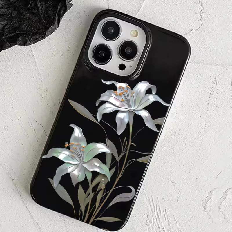 Stoßfeste iPhone Handyhülle mit Ölgemälde Lilie Blumenmuster in Schwarz - Bild 5