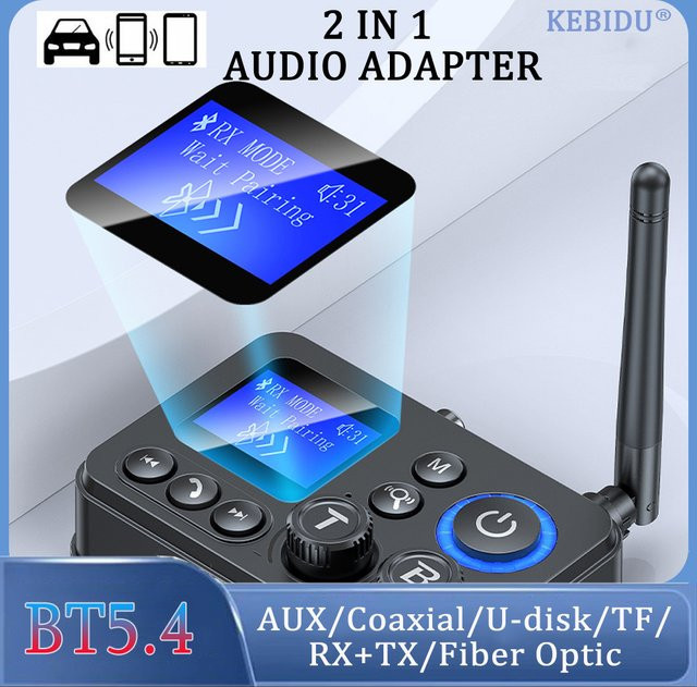 Kebidu Bluetooth 5.4 Empfänger und Sender mit LCD Display, Wireless Audio Adapter in Schwarz mit Unterstützung für AUX, Coaxial, Optisch, TF und U-Disk für TV, PC und Lautsprecher - Bild 1