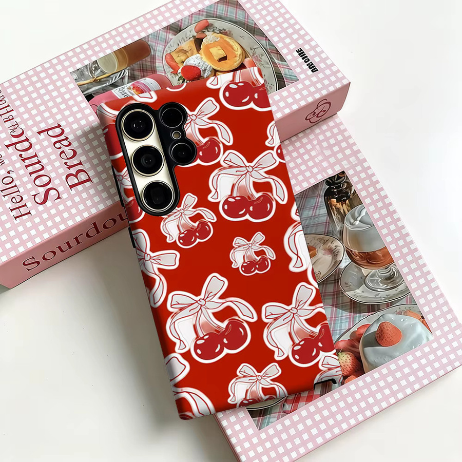Stoßfeste Doppelschicht Handyhülle mit rotem Kirsch-Schleifen-Design für Samsung Galaxy S25 Ultra, S24, S23 Ultra und Plus - Bild 3