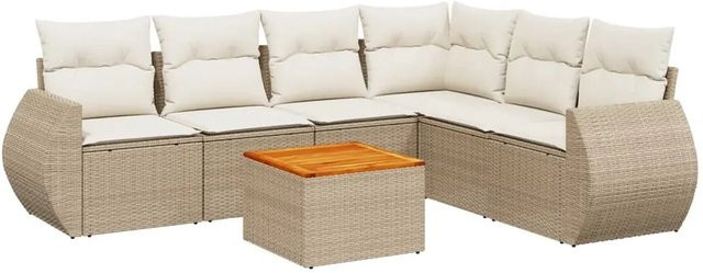 vidaXL 7-teilige Garten-Sofagarnitur in L-Form aus Poly-Rattan und Akazienholz mit Kissen in Beige/Cremeweiß - Bild 1