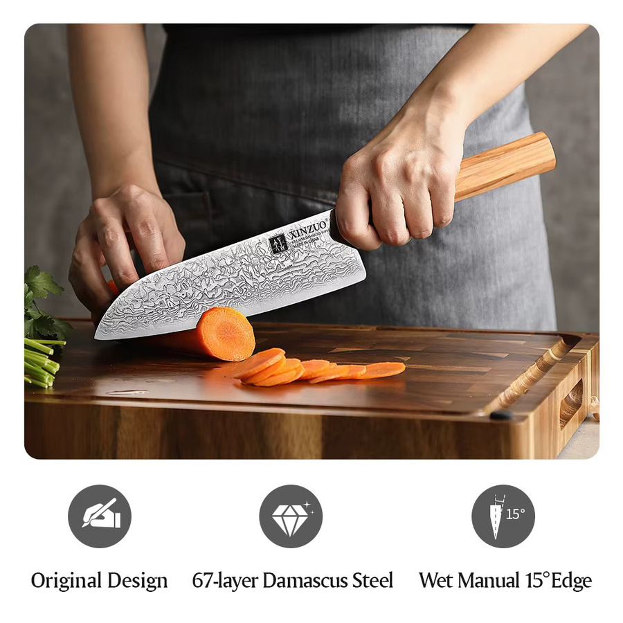 XINZUO Santoku Kochmesser aus 10Cr15CoMoV Stahl mit braunem Olivenholzgriff, 18,54 cm - Bild 4