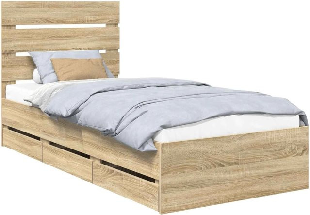 vidaXL Bettrahmen Sonoma-Eiche mit Schubladen aus Holzwerkstoff, Farbe: Braun, B/T/H: 80-90 x 190/200 cm - Bild 1