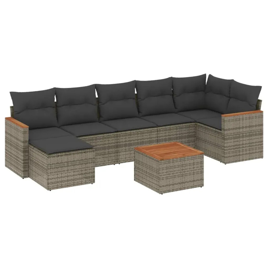vidaXL 8-teilige Garten-Sofagarnitur in L-Form aus grauem Poly-Rattan mit Kissen und Akazienholz - Bild 2