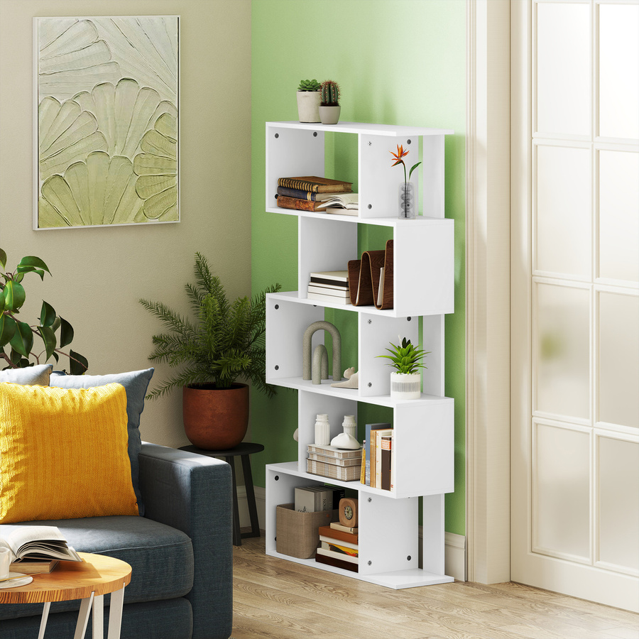 Aosom Asymmetrisches Regal in S-Form mit 5 Ebenen und 10 offenen Regalen, modernes Standregal aus MDF in Weiß, B: 80 cm, T: 24 cm, H: 159 cm - Bild 2