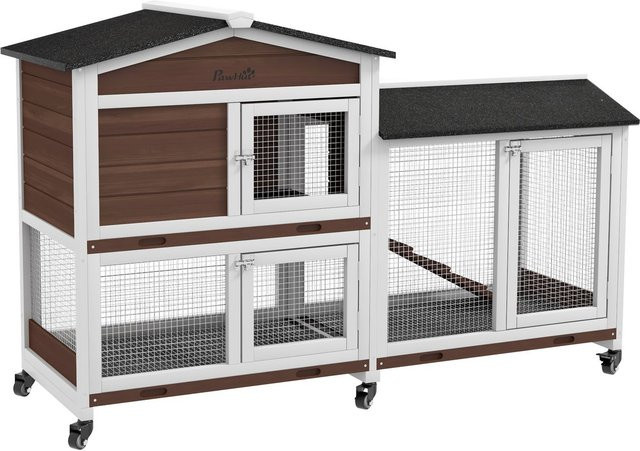 PawHut Kleintierstall aus Tannenholz mit Rollen und wetterfestem Dach, Braun, B: 157,4 cm, T: 53 cm, H: 99,5 cm - Bild 1
