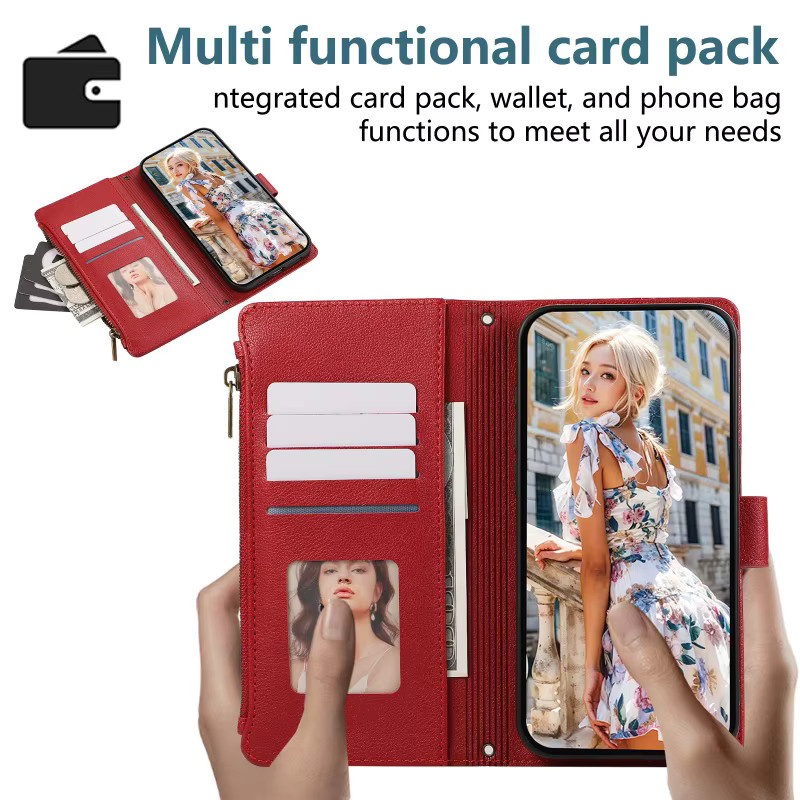 Leder Flip Wallet Handyhülle mit Reißverschluss und Lanyard für Google Pixel 10 Pro XL 9 8 7 in Gold - Bild 3