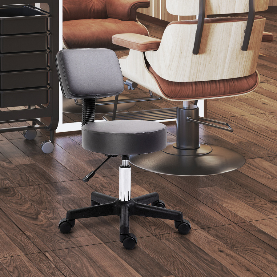 HOMCOM Rollhocker Höhenverstellbarer Arbeitshocker mit Lehne, drehbarer Salon Hocker aus Kunstleder Grau, Durchmesser: 35 cm, Höhe: 72-84 cm - Bild 2