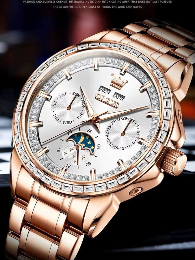 OLEVS Armbanduhr Automatik, Edelstahl, Diamant, Schwarz, Herren - Bild 6
