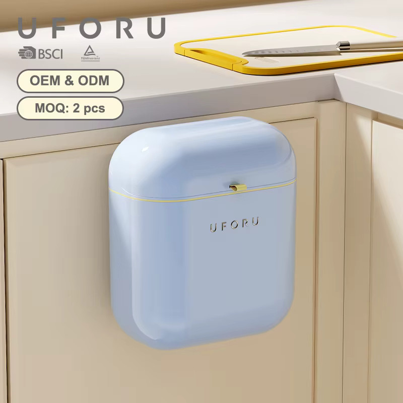 UFORU Badezimmer-Mülleimer mit Klappdeckel in Blau, platzsparender Wandmülleimer zur Aufhängung mit selbstklebender Halterung aus Kunststoff - Bild 1