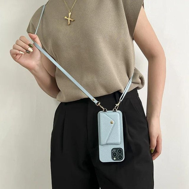 Yiran Leder Handyhülle mit Lanyard und Kartenhalter für iPhone in Blau - Bild 1