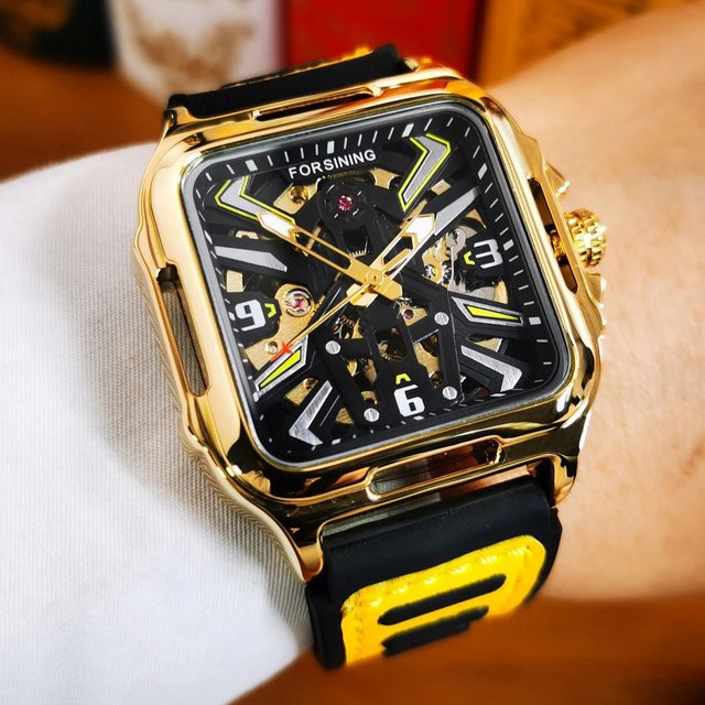 Forsining Skelettuhr, Automatik, Lederarmband, Herren, Schwarz, Gold - Bild 1