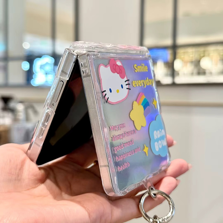 Samsung Z Flip7 Handyhülle mit Cartoon-Regenbogen-Erdbeer-Hello-Kitty-Design, Wellenfalten-Scharnier, Handkette und Fallschutz, Mehrfarbig - Bild 3
