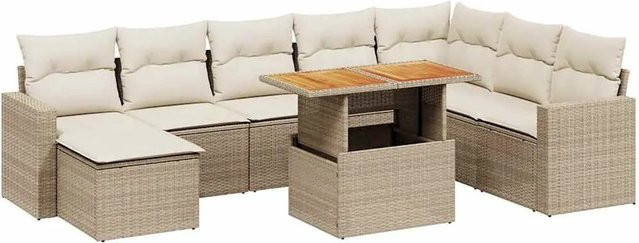 vidaXL 9-tlg. Garten-Sofagarnitur in L-Form aus Poly-Rattan und Akazienholz mit Kissen, Beige-creme - Bild 1