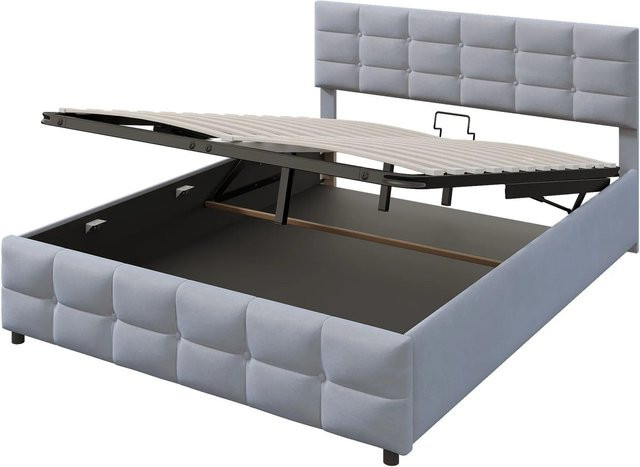 Merax Polsterbett mit Hydraulik aus Samt in Grau, B/T/H: 180 x 200 x 183,5 x 203 cm - Bild 1