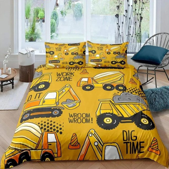 Bettwäsche-Set Bagger Königin von Binchi Fitness mit Cartoon Baufahrzeugen und Traktoren in Gelb, 2-teilig aus Polyester, B/H: 260 x 220 cm - Bild 1