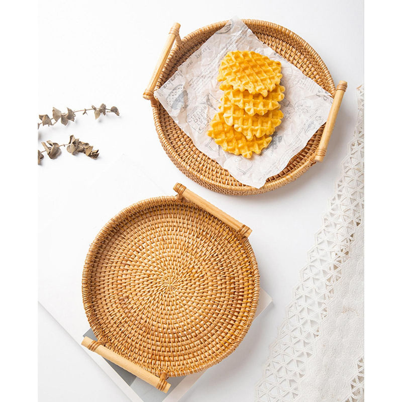 Handgewebte runde Servierschale aus Rattan von CosyHome in Braun mit Durchmesser: 22 cm - Bild 5