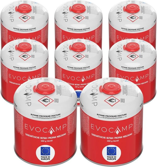 Evocamp Propan Butan Gaskartuschen mit Eurogewinde und Sicherheitsverschluss, 8 Stück, 450g pro Kartusche - Bild 1
