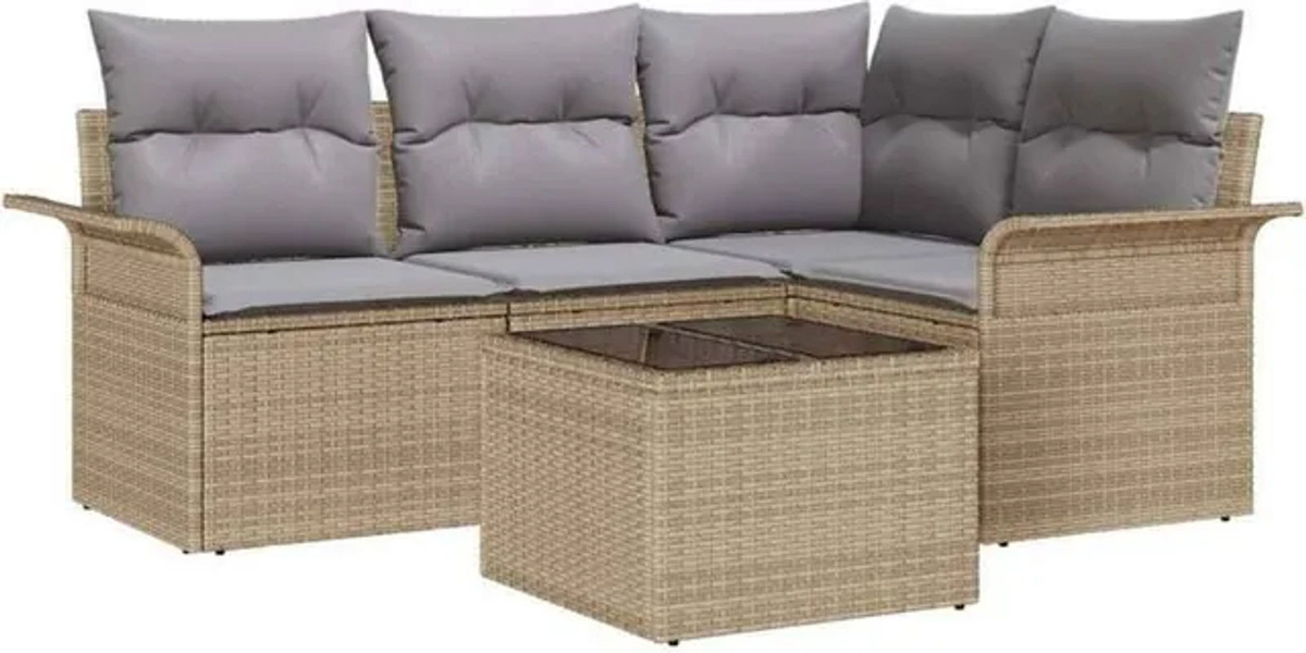 vidaXL Garten-Sofa-Set aus Poly-Rattan mit 5 Teilen und Kissen in Beige - Bild 1