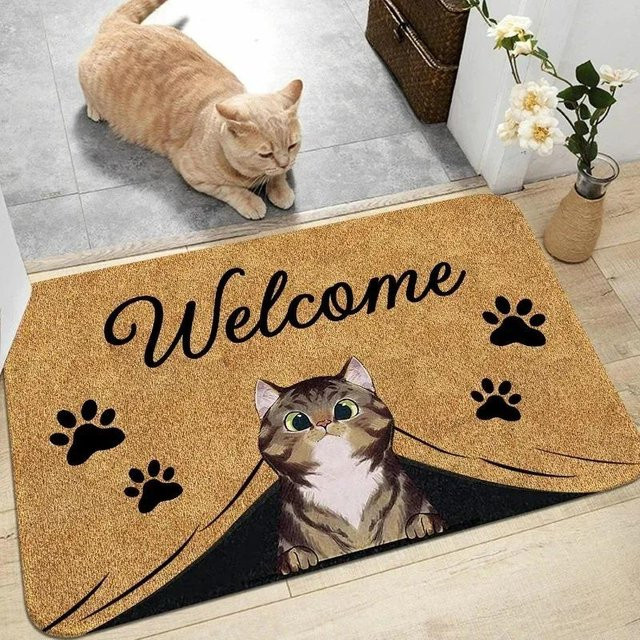 Waschbare Fußmatte mit Katzenmuster in Braun, schmutzabweisend und rutschfest, B/T: 80 x 50 cm - Bild 1