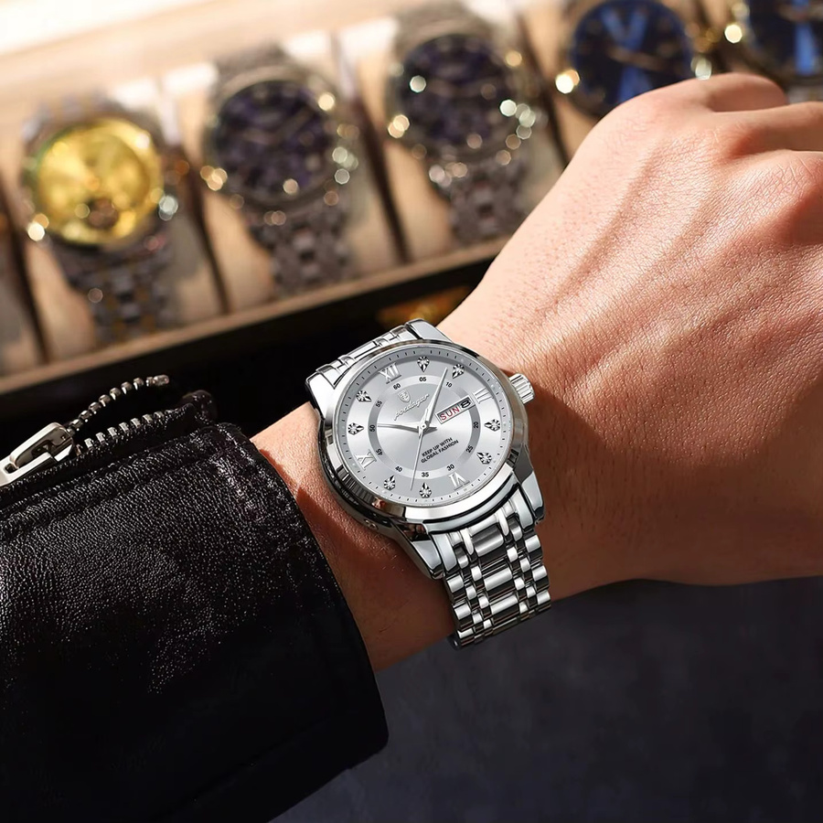 POEDAGAR Armbanduhr Edelstahl, Quarz, Silber, Herren, Datum, Wochentag - Bild 5