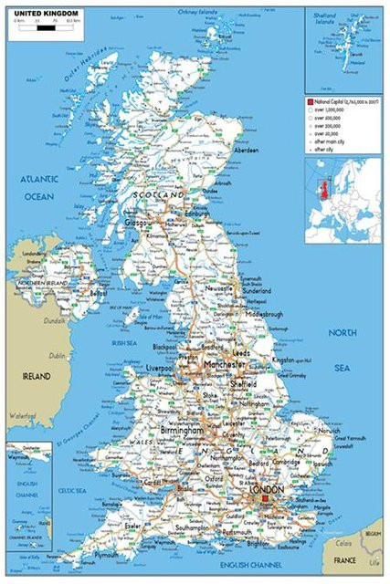 Straßenkarte England Vereinigtes Königreich Wandkunst Poster in Blau, B/H: 30 x 42 cm - Bild 1