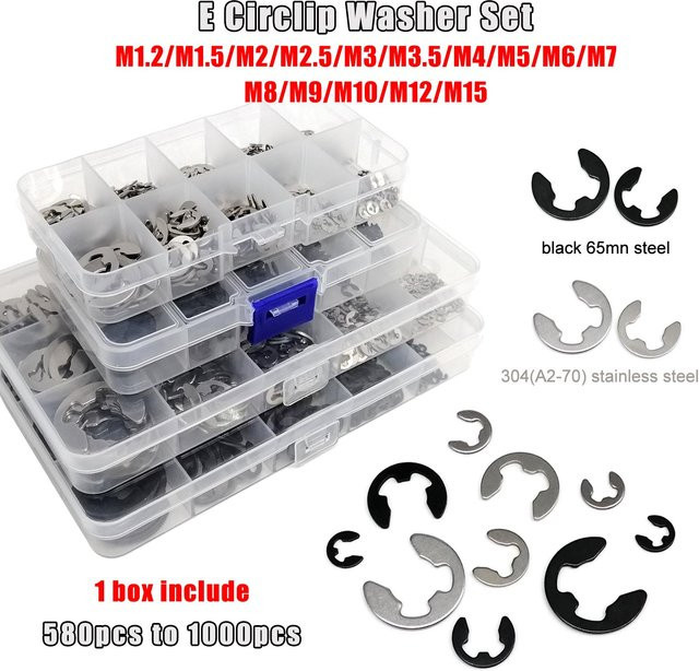 HZYUEGOU E-Typ Sicherungsring Set aus Edelstahl 304 A2, Schwarz, M1,2 bis M15 - Bild 1