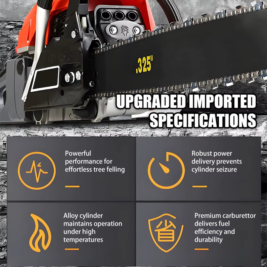 Tungfull Hochleistungs-Benzin-Kettensäge mit 16800W und 4-Takt-Motor in Orange für die Forstwirtschaft und zum Schneiden von Brennholz - Bild 5