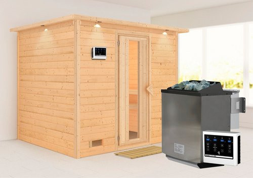 Karibu Paldiski Bio-Kombi-Sauna für 4 Personen mit 9 kW Saunaofen und externer Steuerung, beige - Bild 1