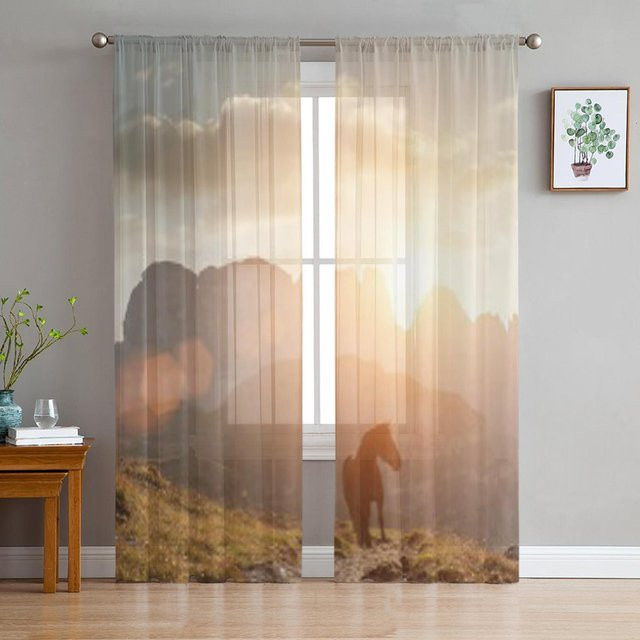 Super Six Transparentes Tüll-Voile-Organza Vorhang mit Berglandschaft und Pferdemotiv in Weiß, Breite: 135 cm, Höhe: 114 cm - Bild 1