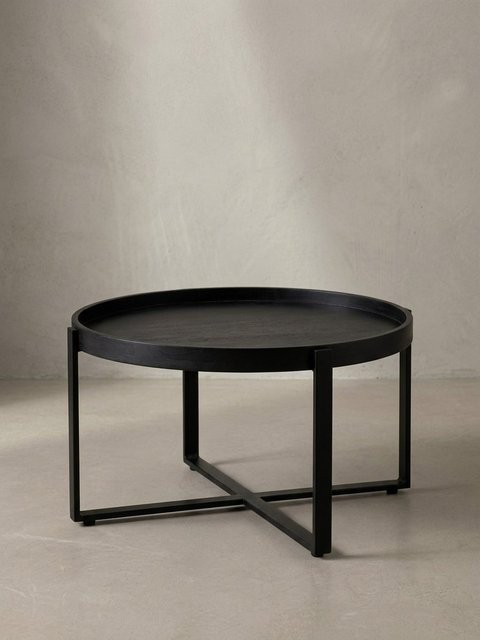 KADIMA DESIGN Couchtisch aus Mango Massivholz und Metall in Schwarz, Rund mit erhöhtem Rand, Durchmesser: 60 cm, Höhe: 35 cm - Bild 1