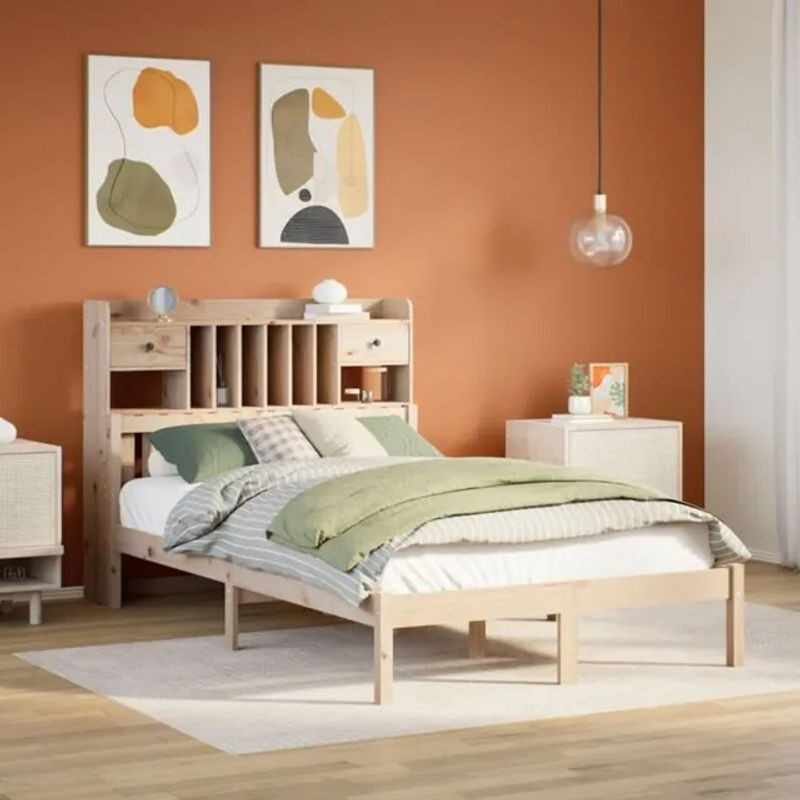 Massivholzbett Vidaxl aus Kiefer mit Regal in Natur Braun, B/T/H: 135 x 190 cm - Bild 1