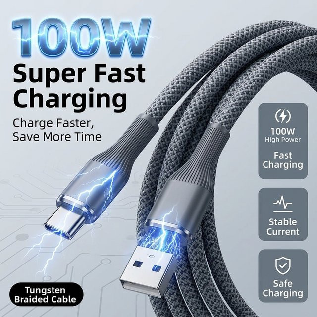 USB-A-zu-USB-C-Kabel 100W Superschnelles Ladekabel grau geflochten für Samsung Galaxy Xiaomi Redmi Huawei - Bild 1