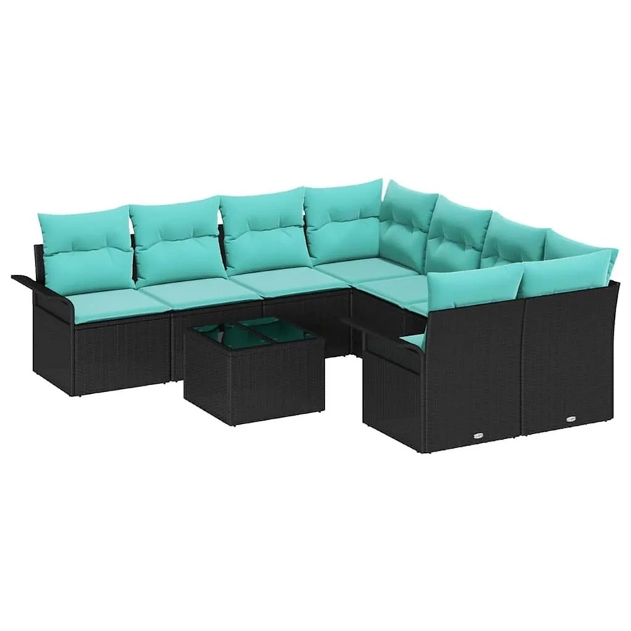 vidaXL Gartensofa-Set aus Poly-Rattan mit 9 Kissen in Schwarz und Türkis - Bild 2