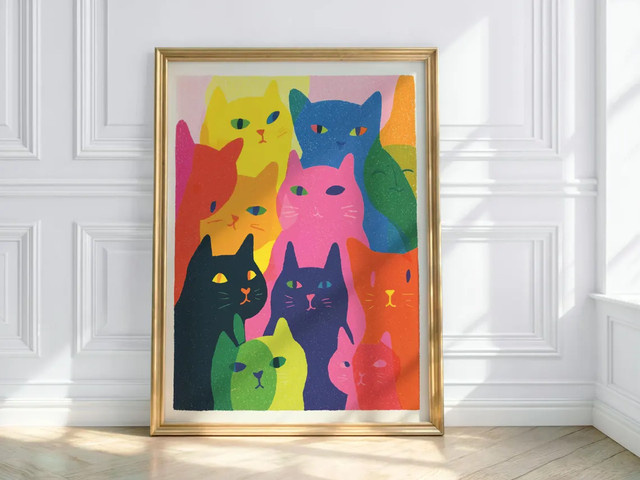 Modernes Regenbogen Katzen Poster von SHENCHEN als abstrakte Wandkunst in Multicolor - Bild 1