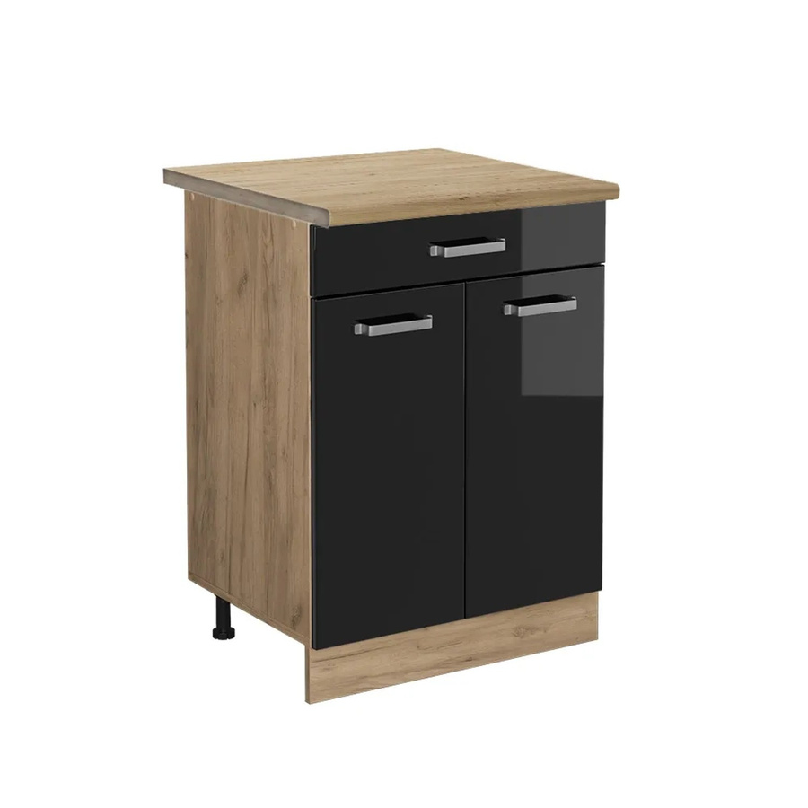 Vicco Küchenunterschrank R-Line Schwarz Hochglanz und Goldkraft Eiche mit Schubladen und Türen, B/T/H: 60 x 60 x 81,6 cm - Bild 2
