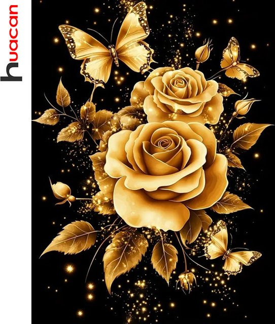 Huacan Diamond Painting Set Goldene Rose mit Strass-Stickerei als Wandkunst auf Leinwand - Bild 1